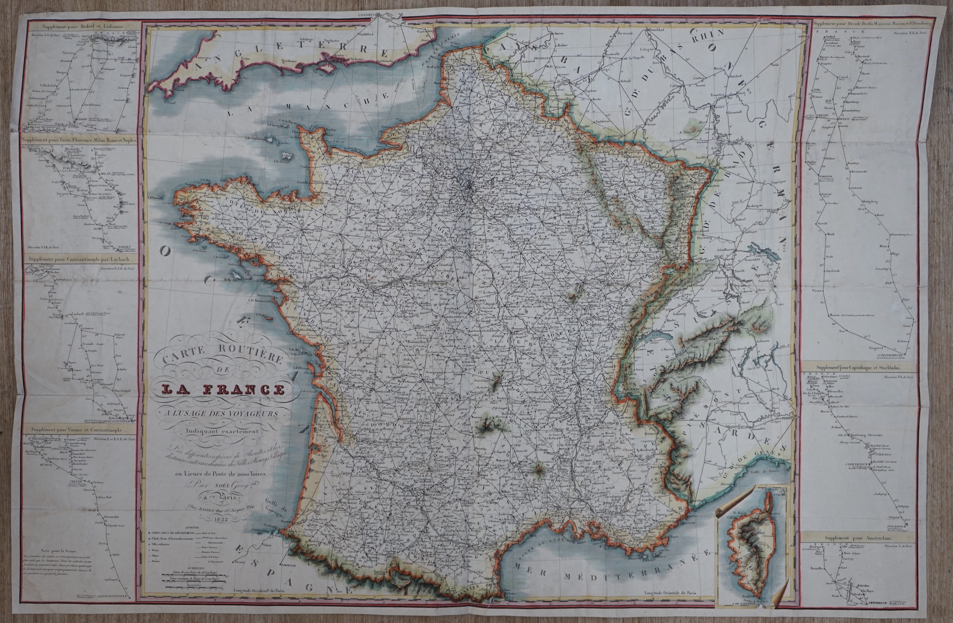 Andre Basset (French, 19th. C), Carte Routiere de la France, hand coloured map, sold by Basset, Roue St. Jacques, 1822, unframed, 62 x 93cm